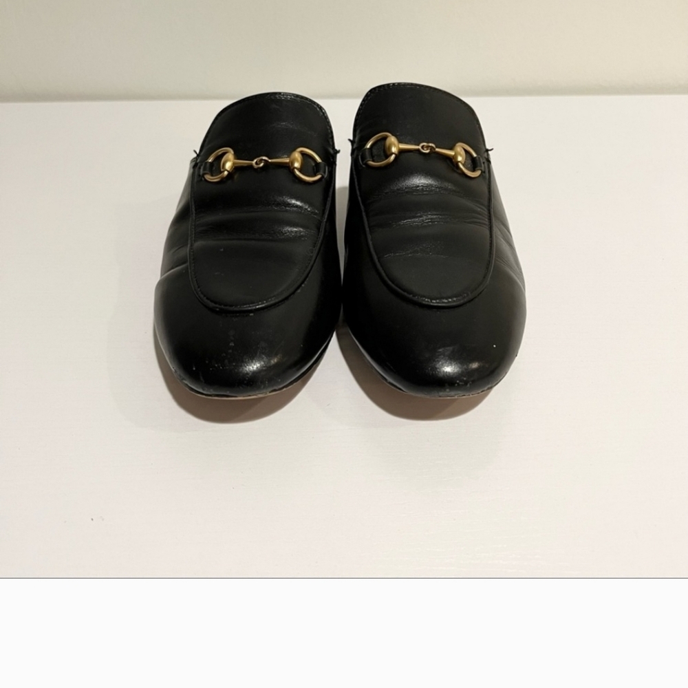 Gucci - Princetown Black and Gold Leather Loafers Mules Size 40 - Picture 5 of 8